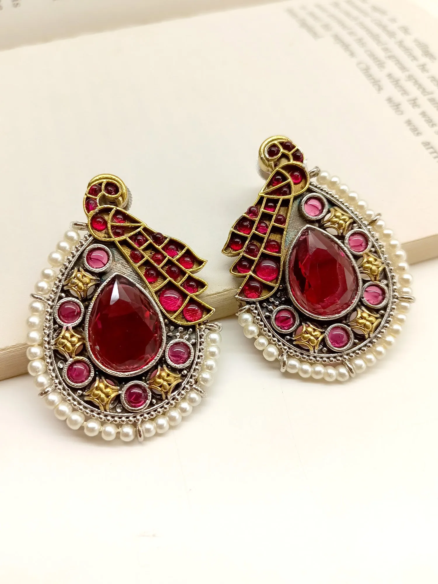 Konkana Maroon Peacock Oxidized Earrings