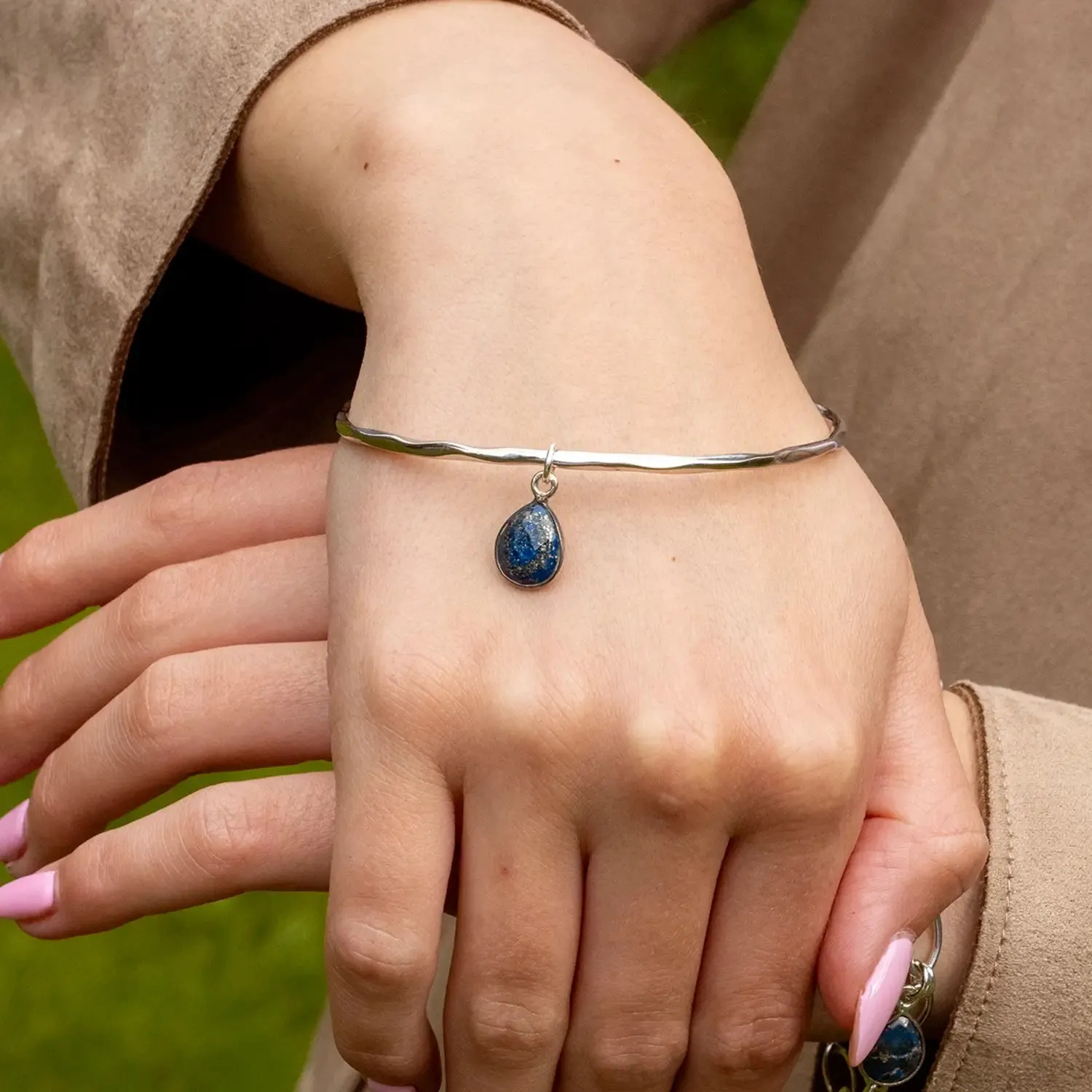 Lapis Lazuli Charm Bangle Silver September Birthstone Bangle