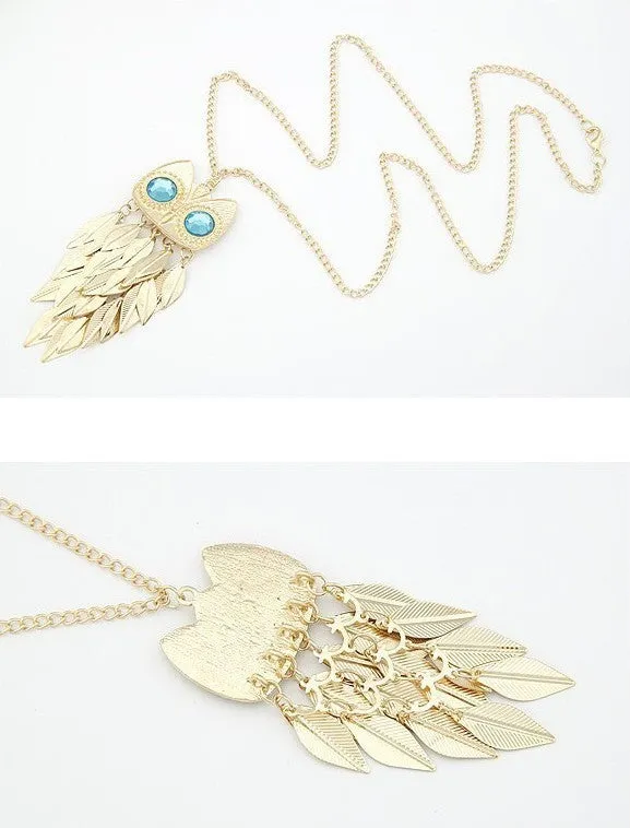 Leaves tassel owl necklace