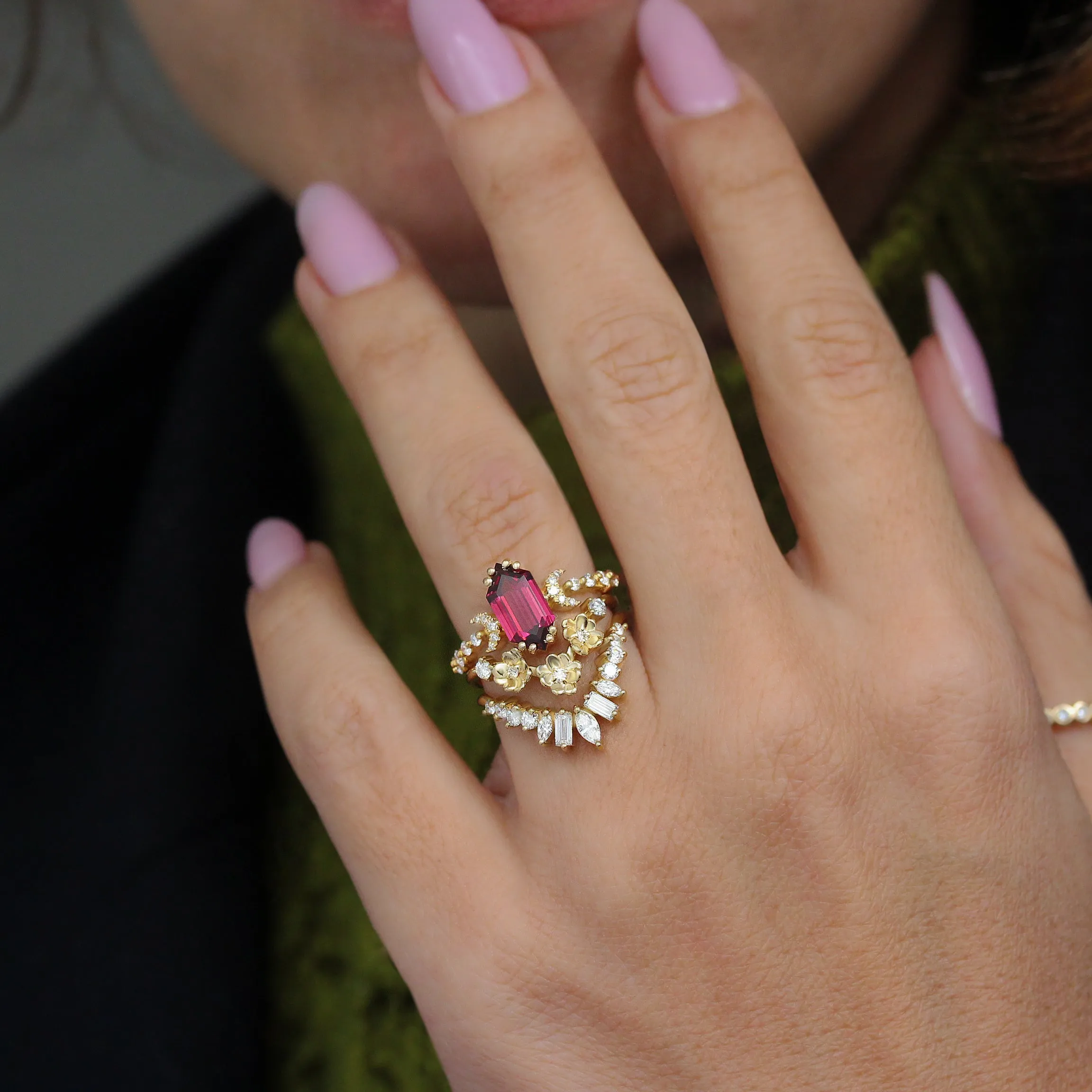 Long Hexagon Rhodolite and Diamonds Flowers Boho Engagement Three Ring Set