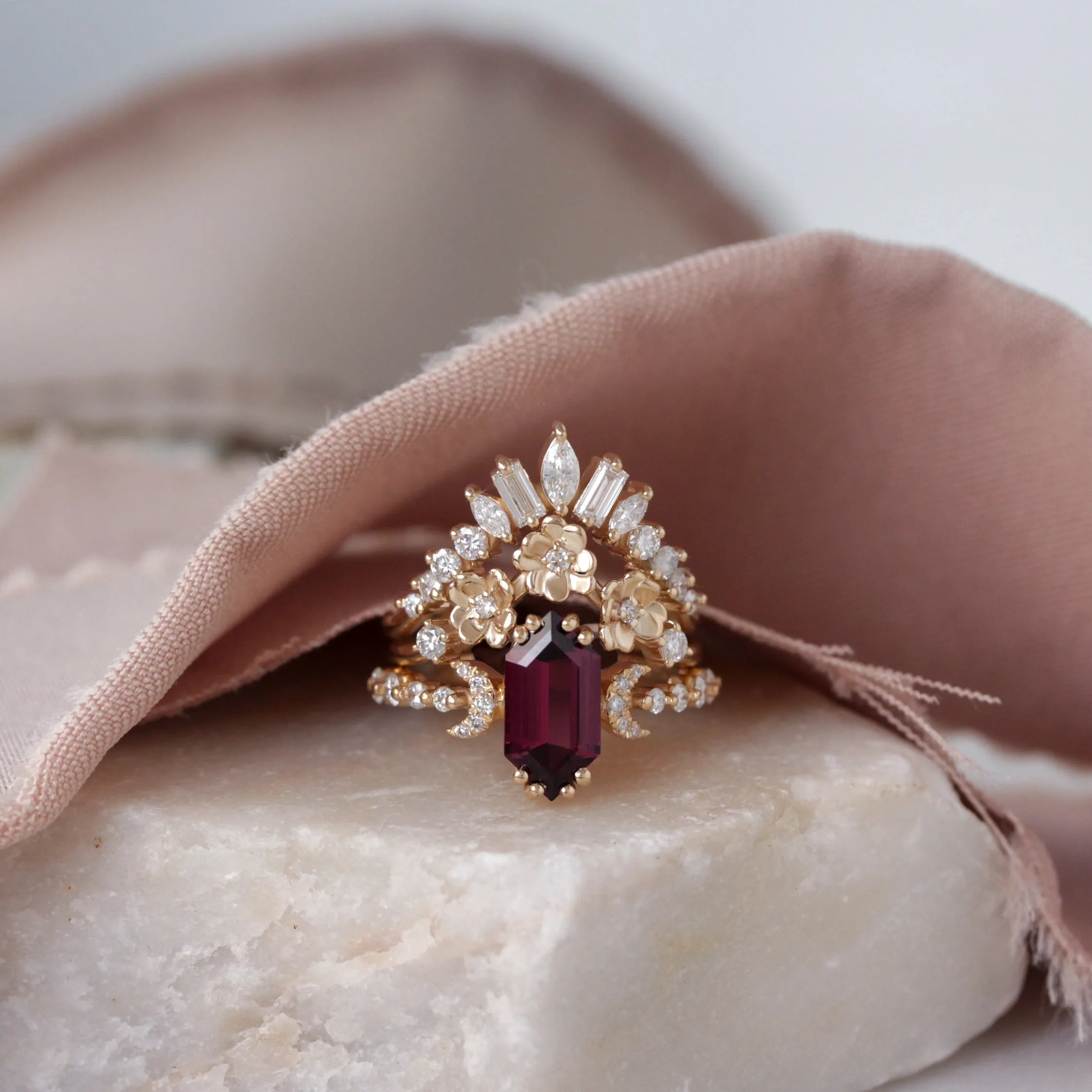 Long Hexagon Rhodolite and Diamonds Flowers Boho Engagement Three Ring Set