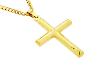 Mens Gold Stainless Steel Cross Pendant With 24" Curb Chain