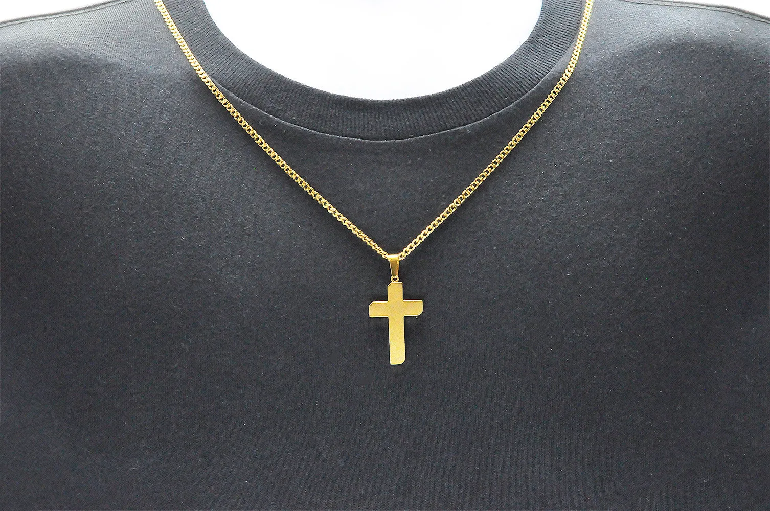 Mens Polished and Brushed Finished Gold Stainless Steel Cross Pendant With 24" Gold Curb Chain