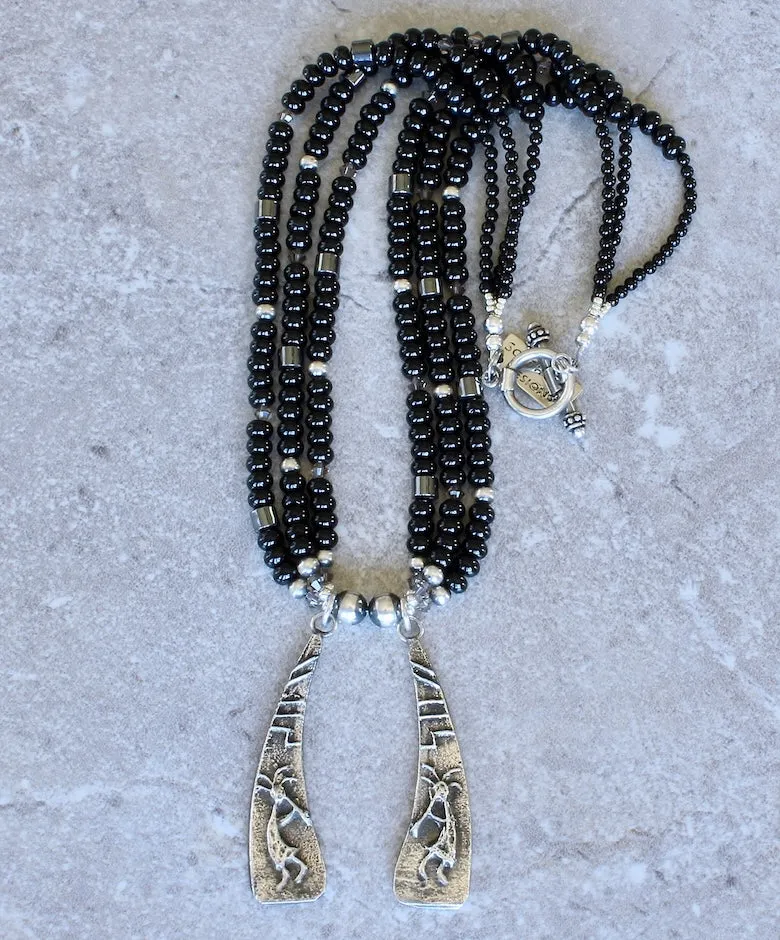 Merle House Sterling Silver Tufa Cast 2-Pendant Necklace with 3 Strands of Onyx Rondelles, Oxidized Sterling Silver, Hematite, Crystal and a Sterling Silver Toggle Clasp