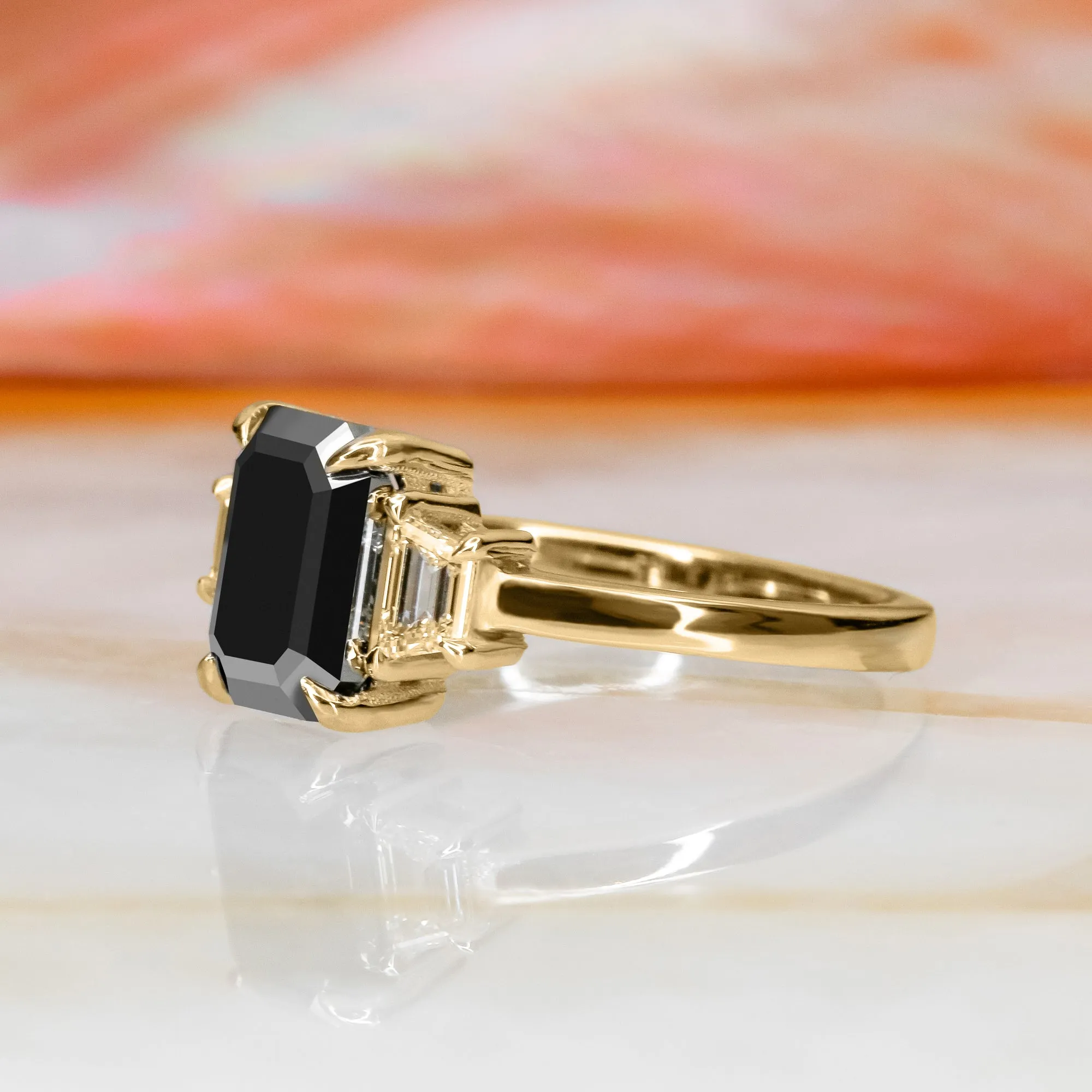 Noir Romance Art Deco Black & White Natural Diamond Emerald Cut Engagement Ring