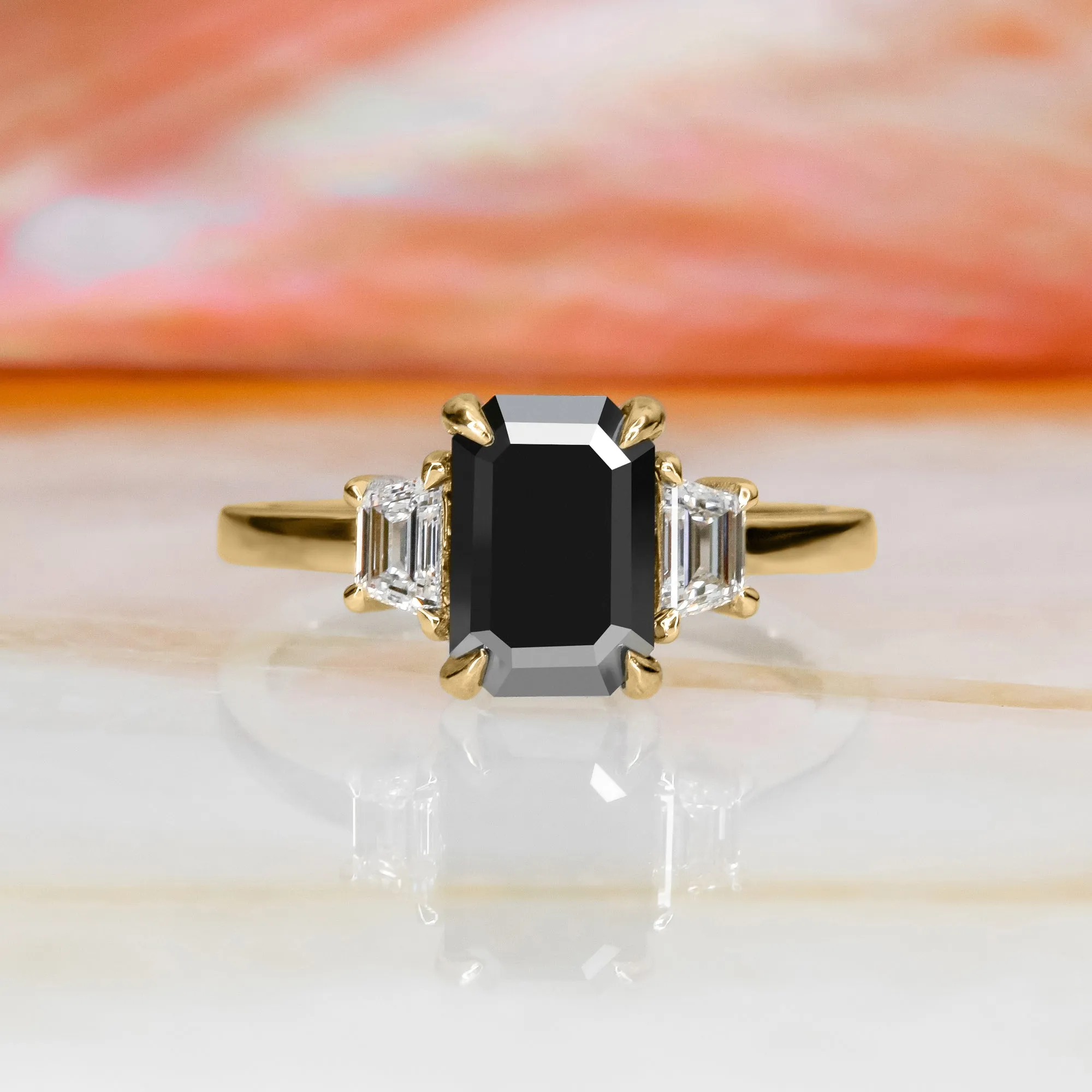 Noir Romance Art Deco Black & White Natural Diamond Emerald Cut Engagement Ring