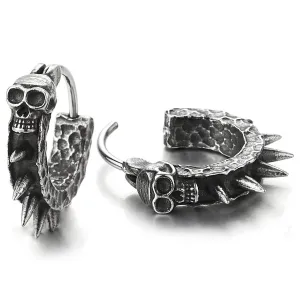 Pair Stainless Steel Skull Spike Circle Huggie Hinged Hoop Earrings Men Women, Old Metal Treatment