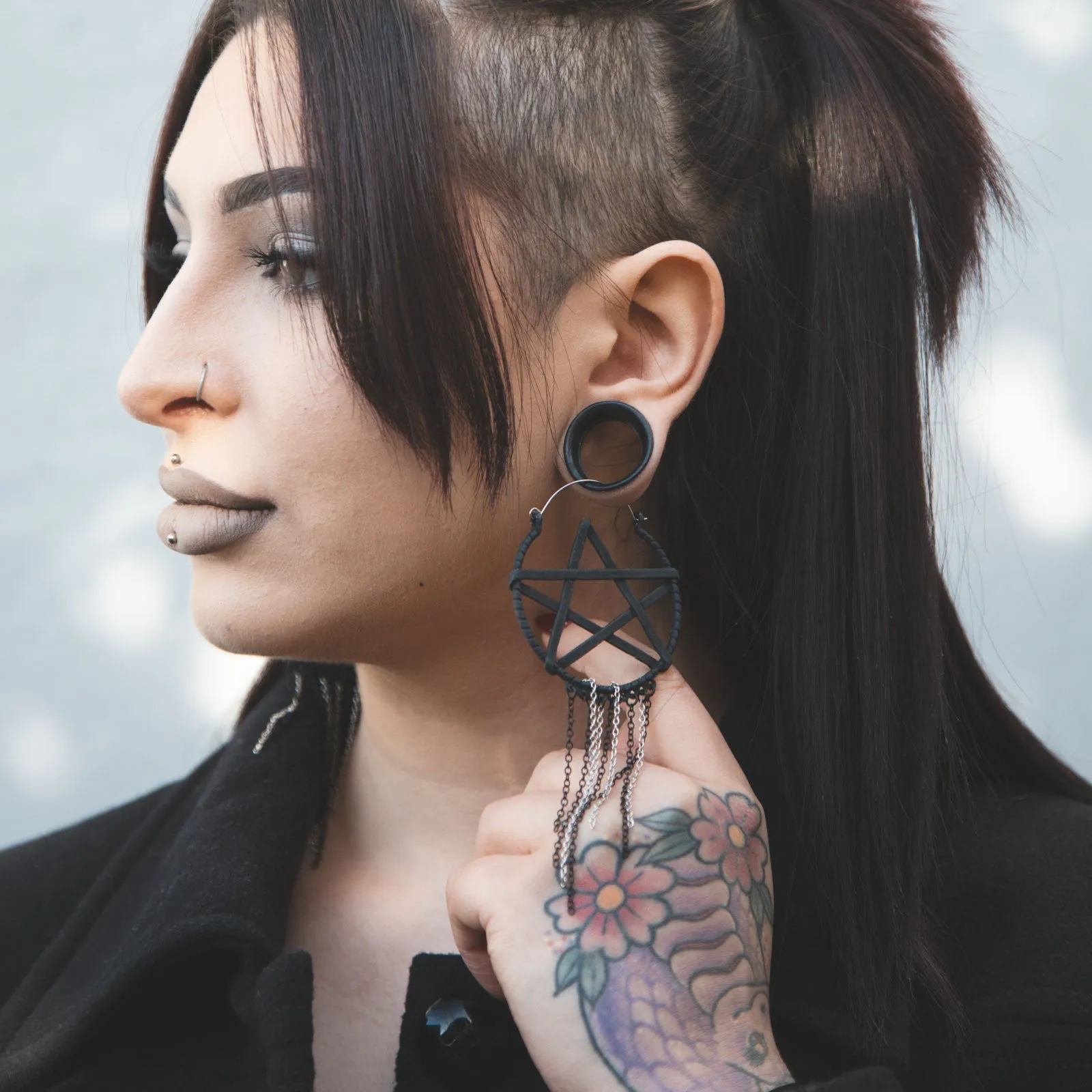 Pentagram With Dangle Chains Black PVD Plug Hoops