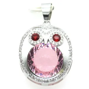 Pink Sapphire CZ Garnet Eyes Owl Pendant Necklace 18