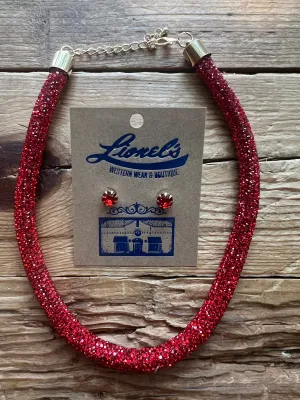 Red Pave Rope Necklace w/ Stud Earrings