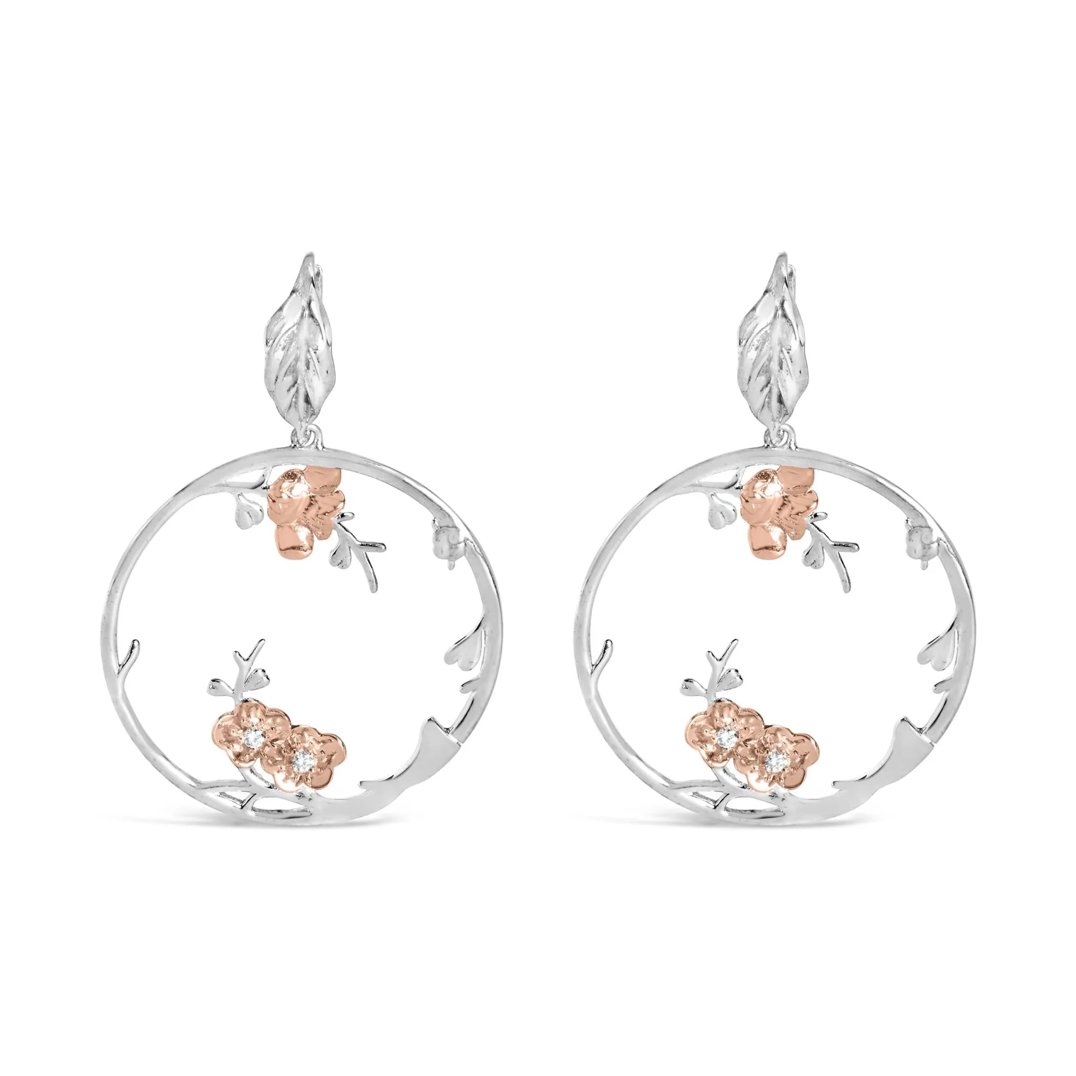 Rose Gold Plated .925 Sterling Silver 1/10 Cttw Diamond Floral Hoop Earrings (I-J Color, SI1-SI2 Clarity)