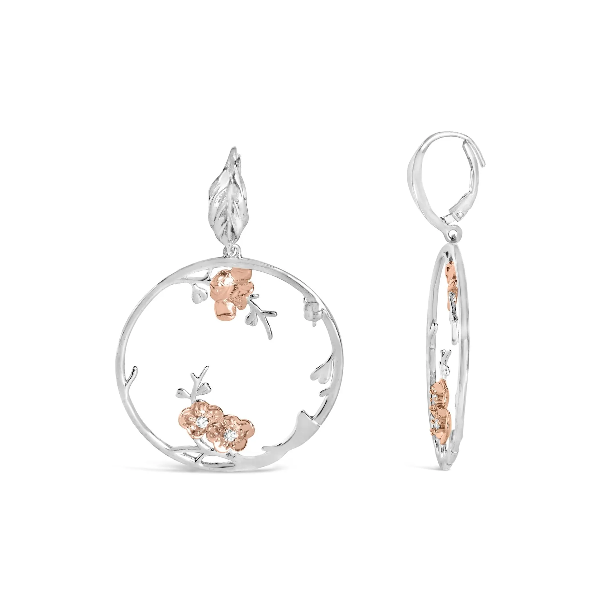 Rose Gold Plated .925 Sterling Silver 1/10 Cttw Diamond Floral Hoop Earrings (I-J Color, SI1-SI2 Clarity)