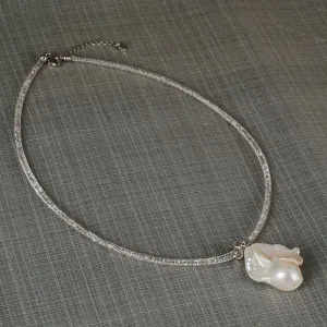 Silver Mesh Necklace w/ Baroque Pearl