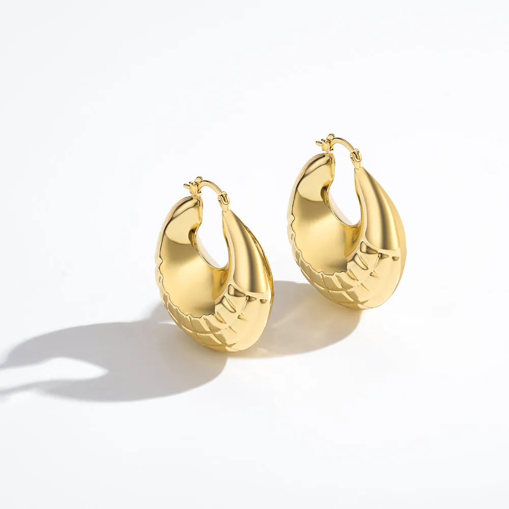 Thick Chunky Croissant Hoop Earrings 14K Gold