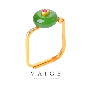 VAIGE Elegant Gold and Jade Square Charm Rings - Timeless Vintage Style