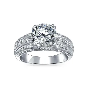 Vintage Antique Style 3CT CZ Solitaire Engagement Ring with Milgrain Edge Band