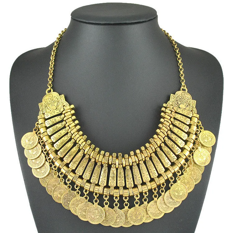 Vintage Gypsy Ethnic Boho Necklaces Retro Metal Carving Coins Vintage Gold And Silver Plated Statement Necklaces For Women Jewelry