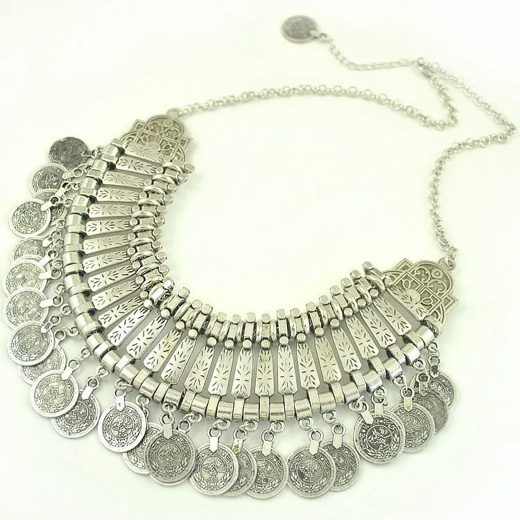 Vintage Gypsy Ethnic Boho Necklaces Retro Metal Carving Coins Vintage Gold And Silver Plated Statement Necklaces For Women Jewelry