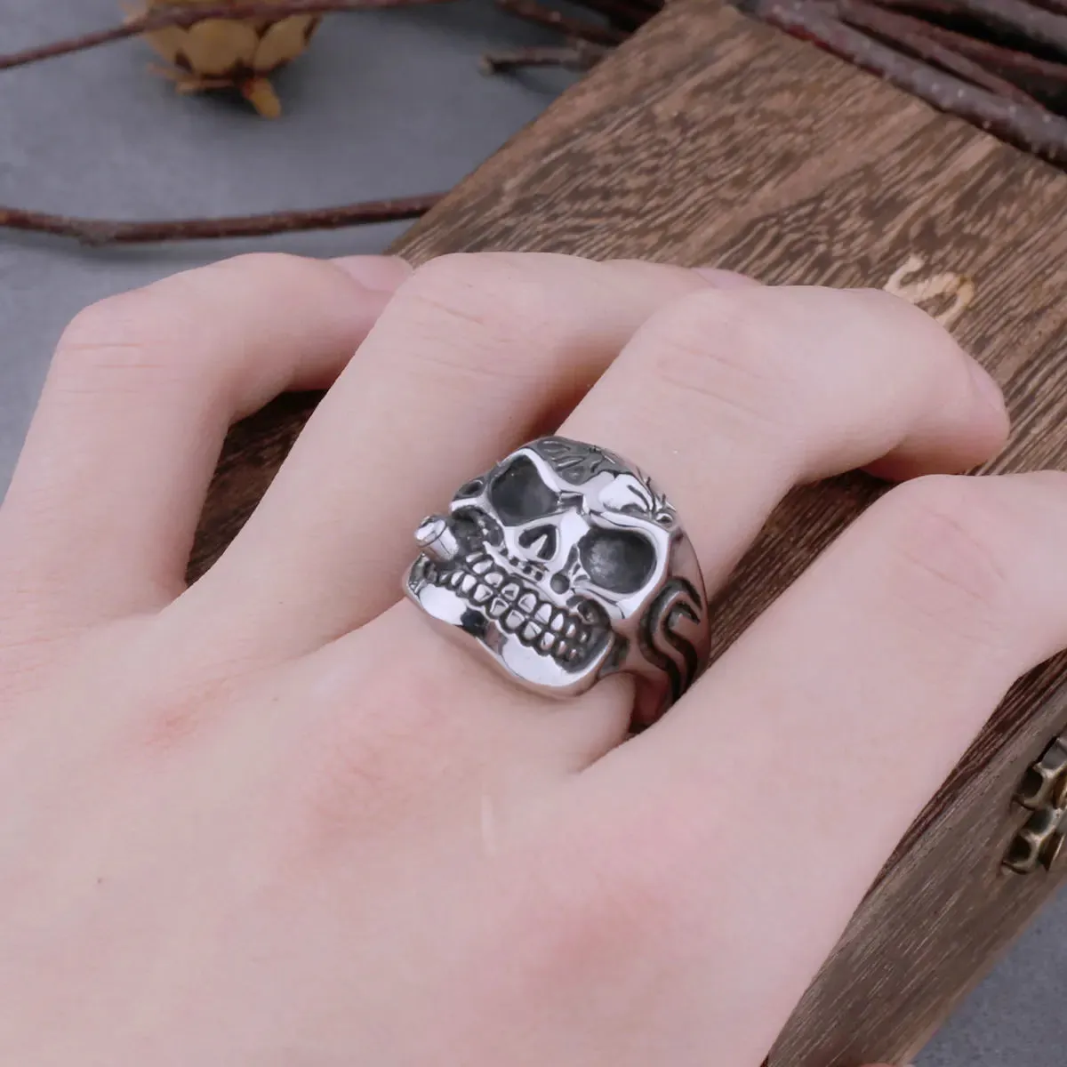 Vintage Mouth Smoking Viking Skull Ring