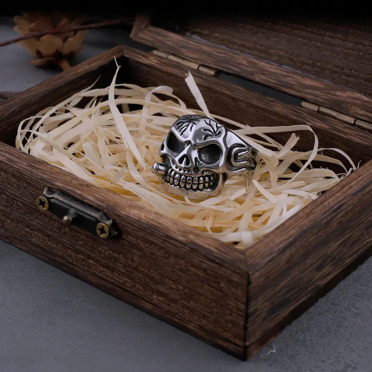 Vintage Mouth Smoking Viking Skull Ring