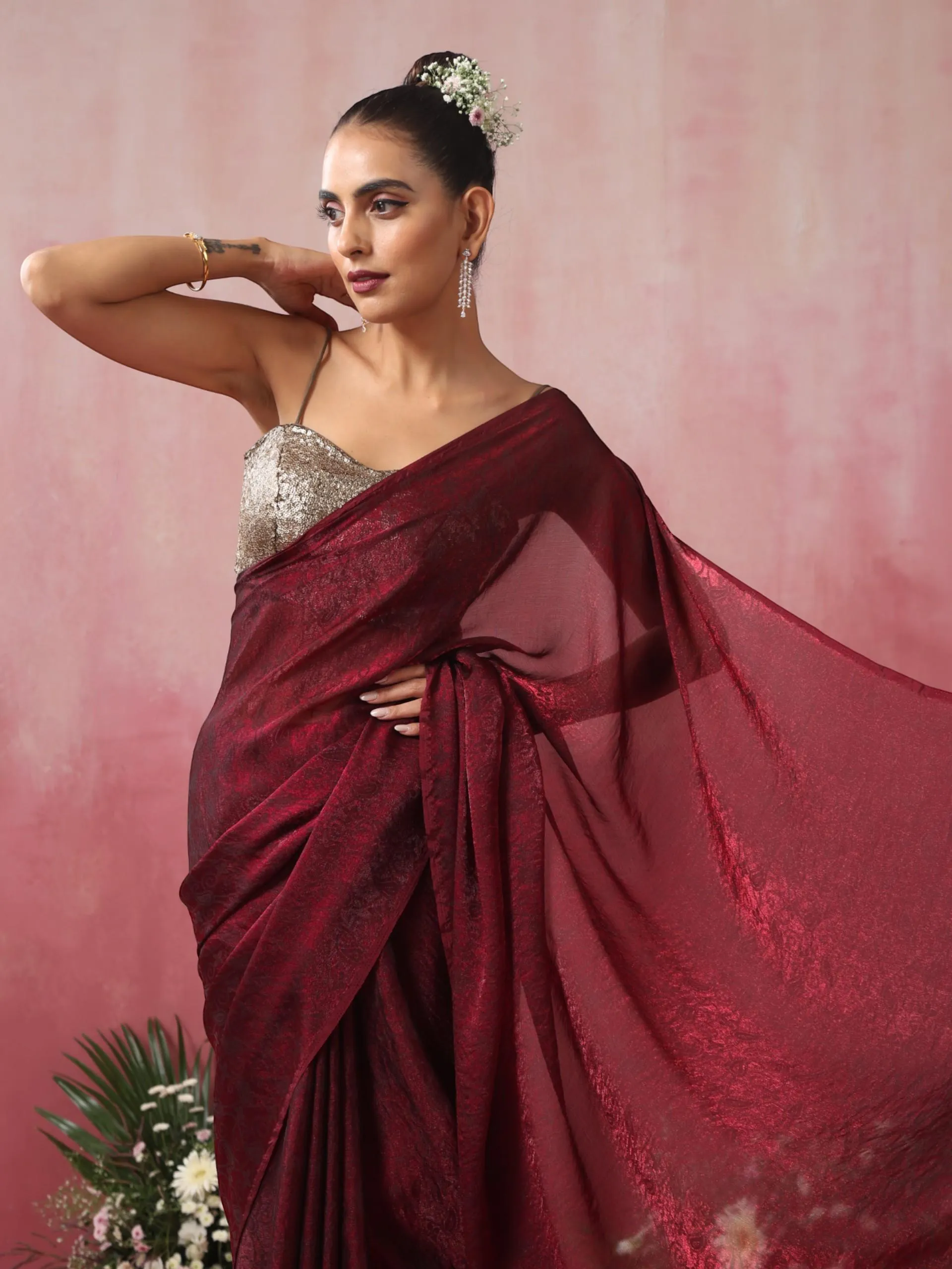 Wine Paisley Chiffon Saree with Long Pendants