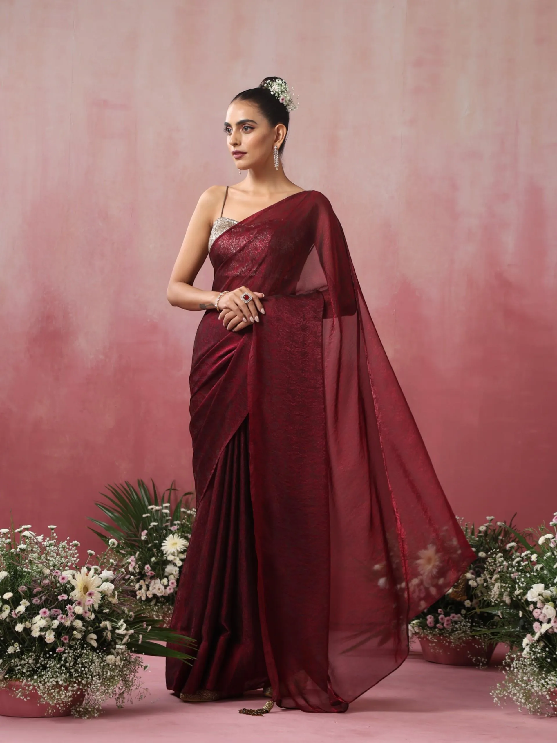 Wine Paisley Chiffon Saree with Long Pendants